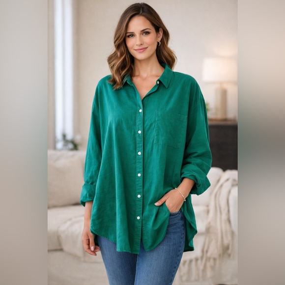 Maeve Tops - Maeve AnthropologieBennet  Green Button Down Blouse Oversized Pocket Top SZ L